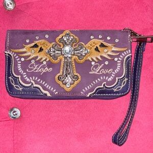 Purple and Tan Western-Inspired Clutch with Rhinestone Cross